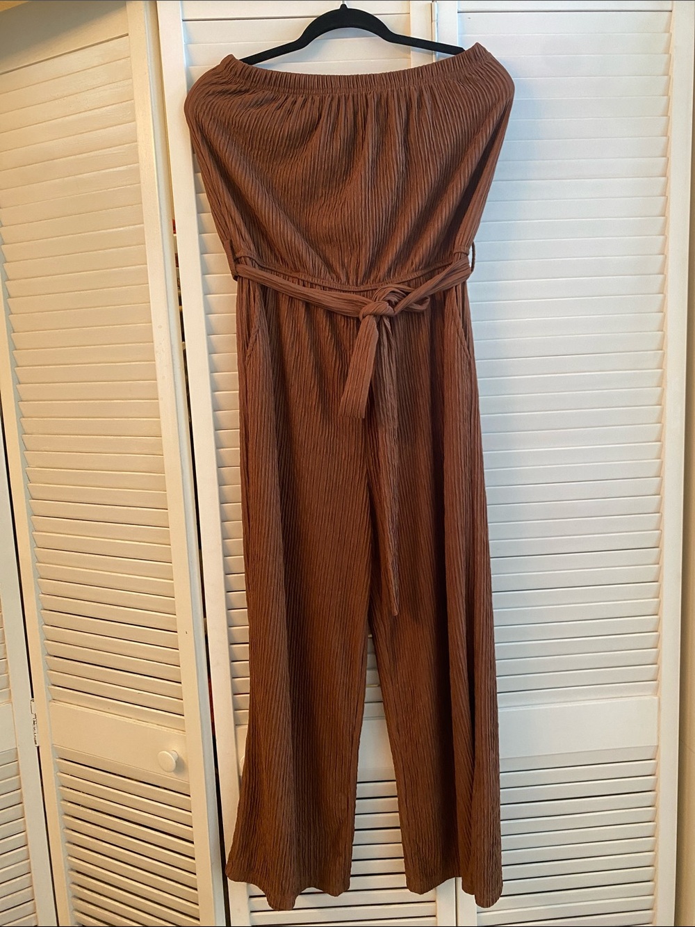 Off-Shoulder Brown Wide-Leg Jumpsuit with Self-Tie Waist